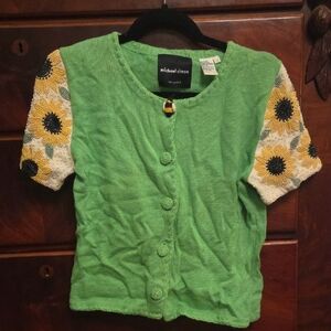 Michael Simon Woman's Small Green Sweater with Sunflower Sleeves